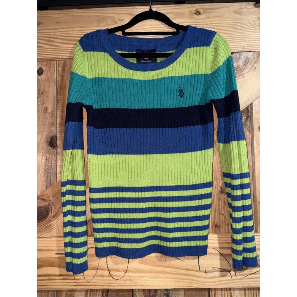 US Polo Assn. Womens Medium Striped Sweater Polo USPA Logo Y2K Ribbed Slimming